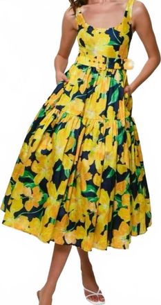 Hutch Scoop Neck Belted Midi Sundress In Yellow/multi