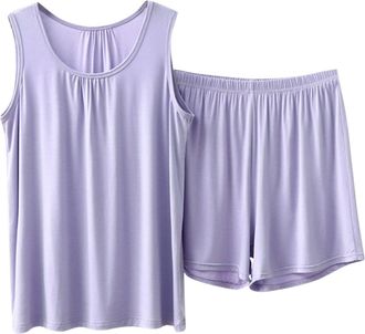 Generic Womens Pyjamas Sets Sleeveless Cotton Tank Top with Shorts Cami Sleepwear Comfy Loose Fit Pj Sets Casual Summer Nightwear(Purple, XXXXXL) strickweste 
