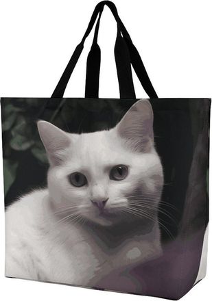 Generic White Cat Shoulder Bag Reusable Shopping Bag Large Capacity Shopping Bags For Ladies Picnic Yoga