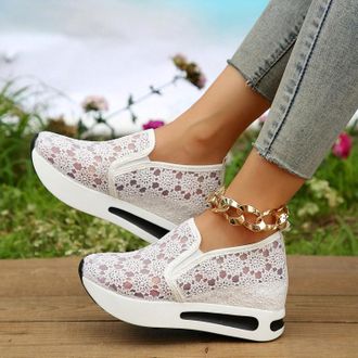 Generic Womens Floral Lace Wedge Trainers Fashion Breathable Sneakers with Arch Support Dressy Lightweight Slip on Sneakers Comfortable Thick Heel Casual Outd