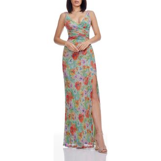 Dress The Population Jordan Metallic Floral Ruched Mermaid Gown in Sage Multi at Nordstrom, Size Medium