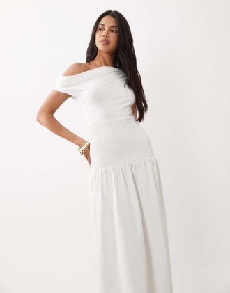 the frolic Esclusiva The Frolic - Vestito midi in jersey bianco con spalle scoperte e fascia in vita arricciata