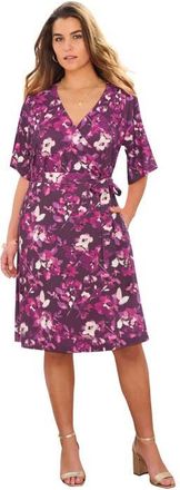 Roaman's Plus Size Short Sleeve Wrap Fit And Flare Dress in Dark Berry Watercolor at Nordstrom, Size 24