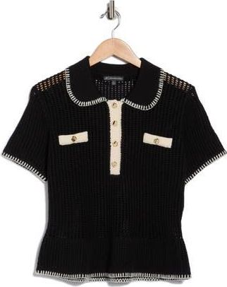 Adrianna Papell Open Stitch Polo Sweater in Black/Cream at Nordstrom Rack, Size X-Large