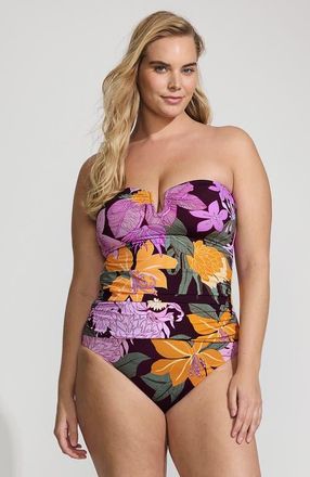 Lands End Slender Bandeau U-Wire Tankini Swimsuit Top in Dark Wine Multi Floral Blooms at Nordstrom, Size 10