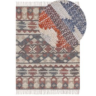 Beliani Alfombra De Yute Beige Marr&oacute;n Rojo Azul 160 X 230 Cm A Mano Geom&eacute;trico Borlas Kalfa