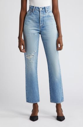Moussy Vintage Cliffdale Ripped High Waist Straight Leg Jeans in Light Blue at Nordstrom, Size 32