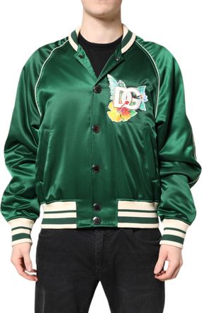 Dolce & Gabbana Mens Green Floral Dg Logo Full Zip Bomber Jacket Polyester Clothing