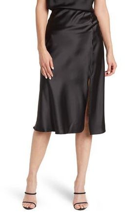 Renee C Satin Slit Midi Skirt in Black at Nordstrom Rack, Size Medium