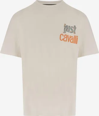 Just Cavalli Mens Cotton T-Shirt With Graphic Print White T-Shirts And Polos