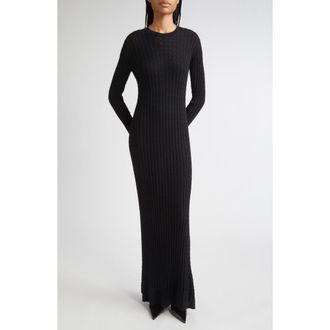 Toteme Long Sleeve Cable Knit Wool Merino Wool Sweater Dress in Black at Nordstrom, Size X-Large