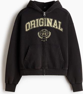 H&M Oversized Fit Printed Zip-through Hoodie in Black/original at Nordstrom, Size Xx-Large