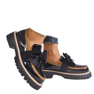 Generic Womens Patent Bowknot Thick Sole Loafers - Platform Round Toe Slip-On Shoes, Chunky Heel Non-Slip Loafers for Women for Office Business Work Everyday 