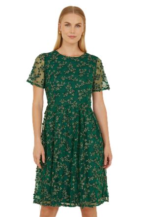 Yumi Green Embroidered Floral Skater Dress 16 Green
