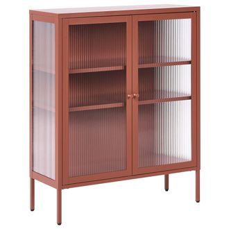 Beliani Aparador Vitrina Industrial Moderno De Acero 2 Puertas Y Elementos De Vidrio Marr&oacute;n Dorado Lerryn