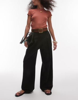 Topshop Pantaloni premium dritti sartoriali neri con doppie pieghe-Nero