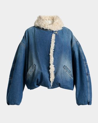 Isabel Marant Charone Short Denim Jacket with Faux Fur Trim