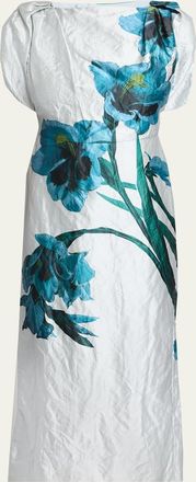 Erdem Floral Textured Satin Twisted-Shoulder Midi Dress