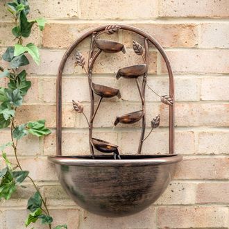 PRIMROSE Water Feature Cascading Leaf Wall Mounted Fountain with Lights 55cm in Bronze
