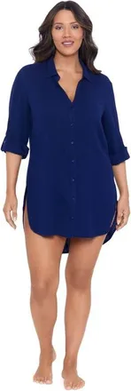 Trimshaper Button-Down High-Low Beach Shirt Coverup in Ink at Nordstrom, Size Medium