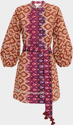 Figue Hailey Ikat-Print Balloon-Sleeve Belted Mini Shirtdress