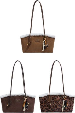 Generic Women Patchwork Tote Handbag Faux Suede Shoulder Bag Trendy Armpit Bag (Brown)