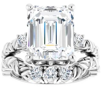 Pompeii3 5 1/2 Ct Diamond & Emerald Cut Moissanite Petite Leaf Engagement Set in 10k Gold