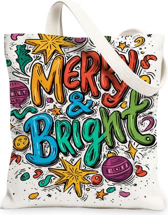 Generic Merry Bright Canvas Tote Bags, Colorful Star Pattern Reusable Grocery Bags, Holiday Lightweight Washable Canvas for Travel, White, 13x15 Inch