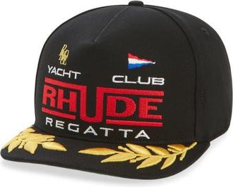 Rhude Regatta Club Embroidered Flat Brim Baseball Cap in Black/White/Red at Nordstrom