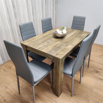 Kosy Koala Dining Table & 6 Chairs - Rustic Effect Wood Table With 6 Grey Chairs Dining Room Furniture in Brown