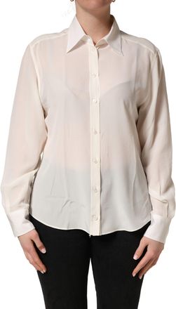 Dolce & Gabbana Womens Off White Collared Long Sleeves Blouse Top Silk