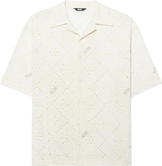 GCDS Broderie Anglaise Bowling Shirt - Heren - Korte mouwen Overhemden - Wit - S - Katoen - Overhemden
