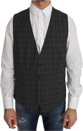 Dolce & Gabbana Elegante Geruite Wollen Vest voor Mannen - Heren - Gillet - Grijs - XL - Wol - Kostuums