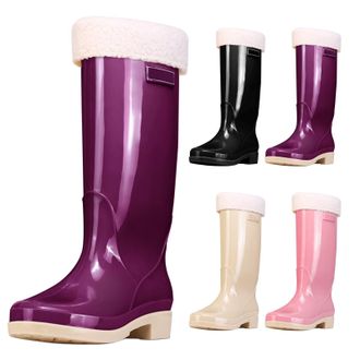 Generic Women Wellington Rain Boots, Knee High Wellies Boots with Plush Lined, Winter Warm Comfortable Chelsea Rainboots Waterproof Non-Slip Gardening Rain Sh