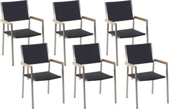 Beliani Conjunto De 6 Sillas De Jard&iacute;n Con Asiento De Rat&aacute;n Sint&eacute;tico Negro Y Patas De Acero Apilables Grosseto