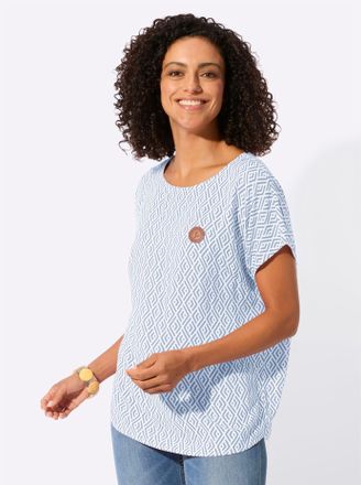 Casual Looks Druckbluse CASUAL LOOKS, Damen, Gr. 36, ecru, bleu, bedruckt, 100% Viskose, gemustert, Rundhals, Blusen Druckbluse