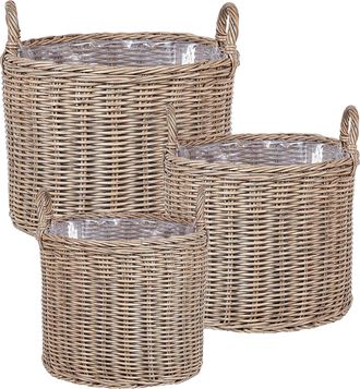 Beliani Set De 3 Cestas De Rat&aacute;n Para Plantas Con Asas Color Marr&oacute;n Pendula