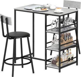 HOMCOM Set 3 Pezzi Con Bancone Bar Con Mensole E 2 Sgabelli Alti Grigio Chiaro - Homcom