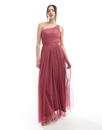 Lace & Beads Bridesmaid one shoulder tulle maxi dress in orchid-pink