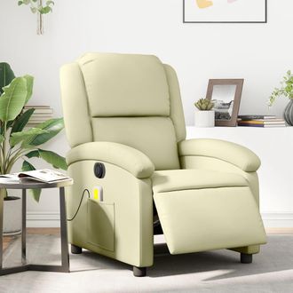 vidaXL Sill&oacute;n Reclinable De Masaje El&eacute;ctrico Cuero Aut&eacute;ntico Crema Vidaxl