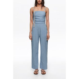 Bimba & Lola Striped Jumpsuit With Gathered Straps in Light Blue at Nordstrom, Size Medium Eu