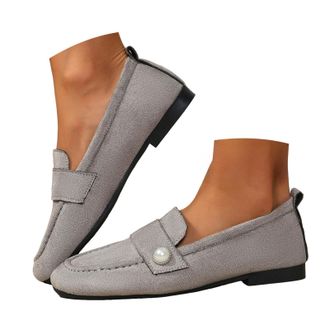 Generic Womens Faux Suede Loafers Casual Shoes for Women Slip On Ballet Flats Pearl Decor Lightweight Walking Shoes Fashion Low Top Square Toe Dating Work Lei