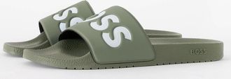 HUGO BOSS Mens BOSS Orange Aryeh Mens Italian-Made Slides With Large Logo Detail - Open Green 351 - Tan - Size: 12