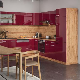 Vicco Cocina Esquinera R-line, Rojo De Alto Brillo/roble Dorado, 287 X 227 Cm Sin Encimera, Vicco