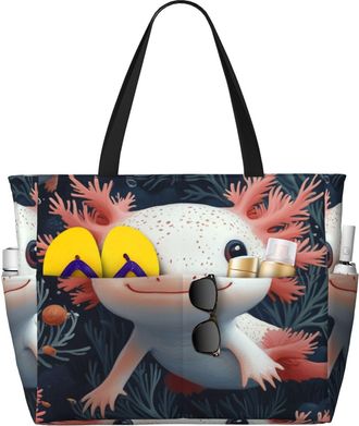 Generic Cute Axolotl Print Large Beach Bag Foldable Travel Shoulder Tote Bag With Pocket For Weekender Pool Vacation