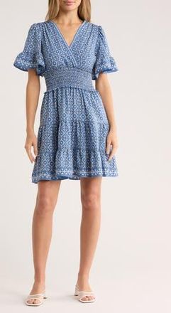 Max Studio Short Sleeve Tiered Crepe Dress in Cream/Sky Curvy Cube at Nordstrom Rack, Size X-Large