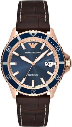Emporio Armani Horloge met drie wijzers en datum - Heren - Horloges - Blauw - ONE Size - Leer - Accessoires