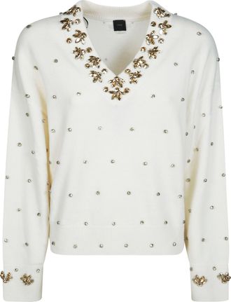 Pinko Pigolio 90 Wool 10 Cashmere Rhinestone V-Neck Sweater