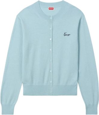 Kenzo Signature Geborduurde Cardigan - Dames - Ronde hals truien - Blauw - S - Wol - Truien & Vesten