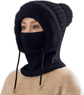 Generic Winter Warm Knitted Cap Neck Warmer Sets Women Knit Balaclava Windproof Skimask Flexible Beanie Hat with Hairball Soft Thick Fleece Lined,Adjustable F